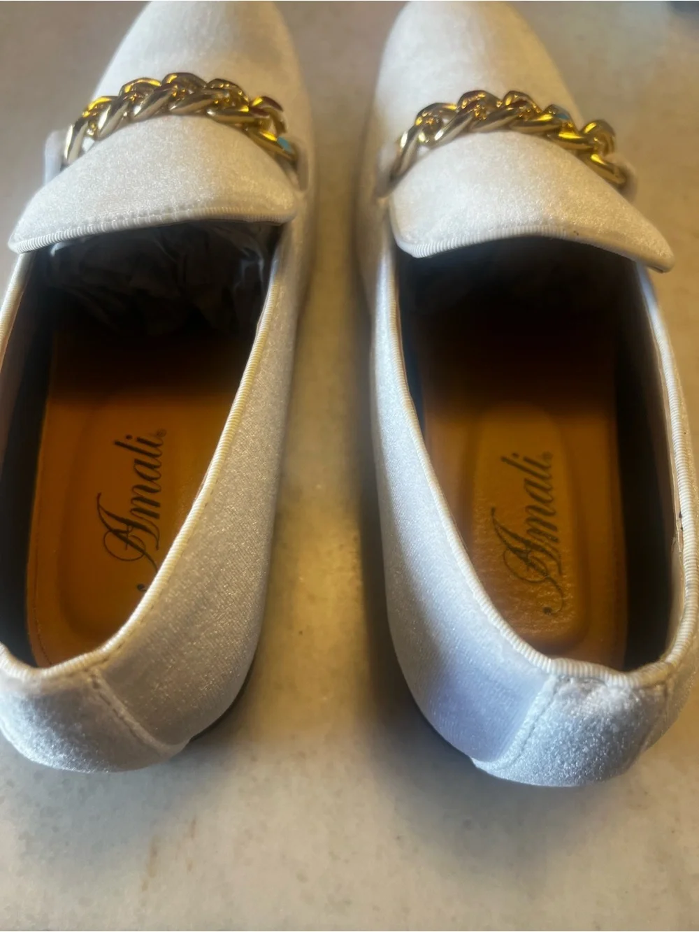 Amalfi White Velvet Loafers with Gold Chain Accent
